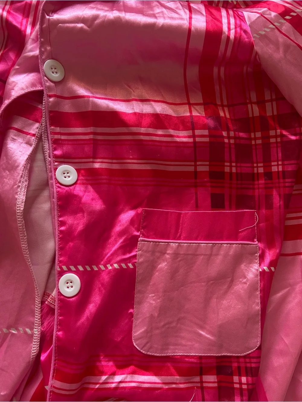Pink plaid pajama set with feather trim